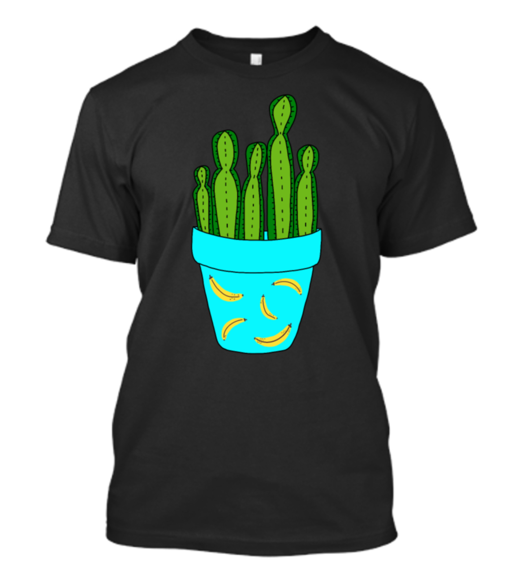 Banana Patterned Pot With Tall Green Cactus T-Shirt