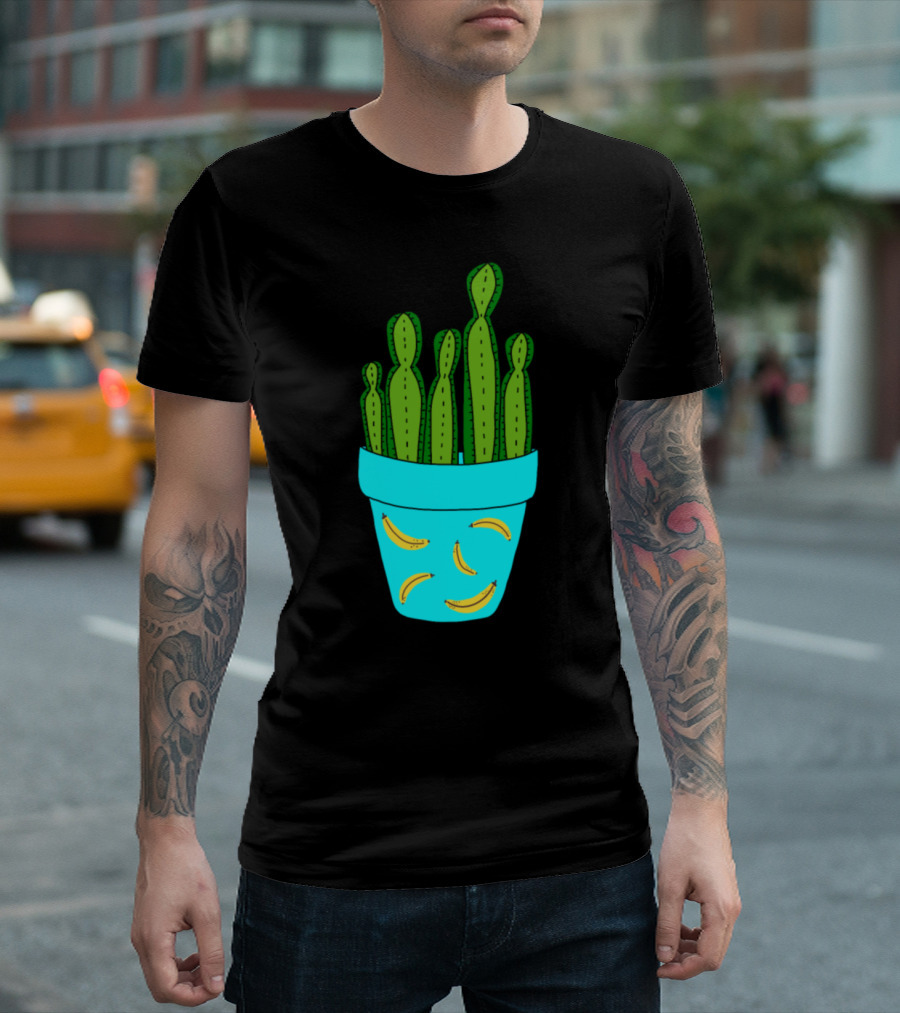 Banana Patterned Pot With Tall Green Cactus T-Shirt