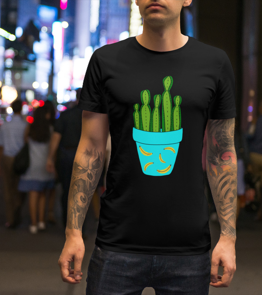 Banana Patterned Pot With Tall Green Cactus T-Shirt