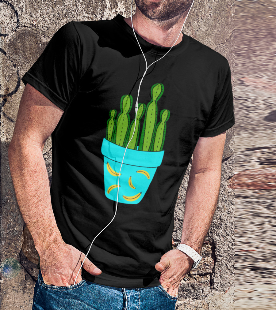 Banana Patterned Pot With Tall Green Cactus T-Shirt