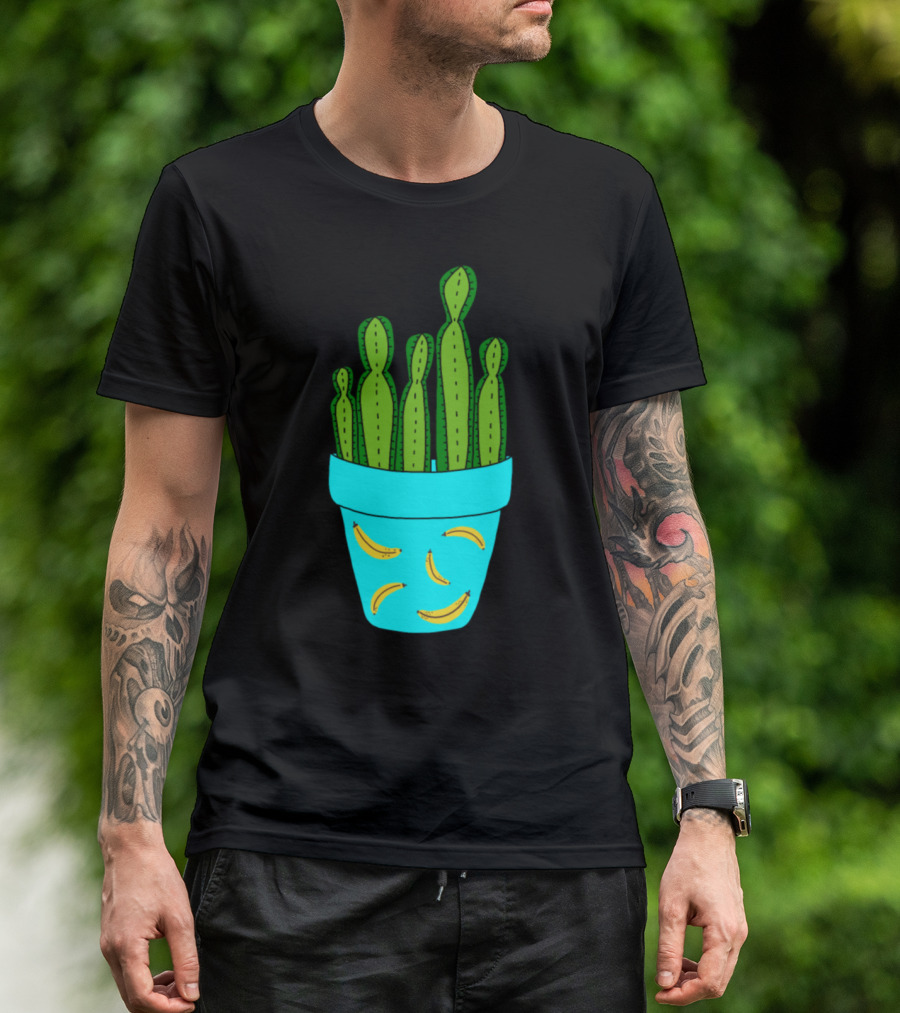 Banana Patterned Pot With Tall Green Cactus T-Shirt