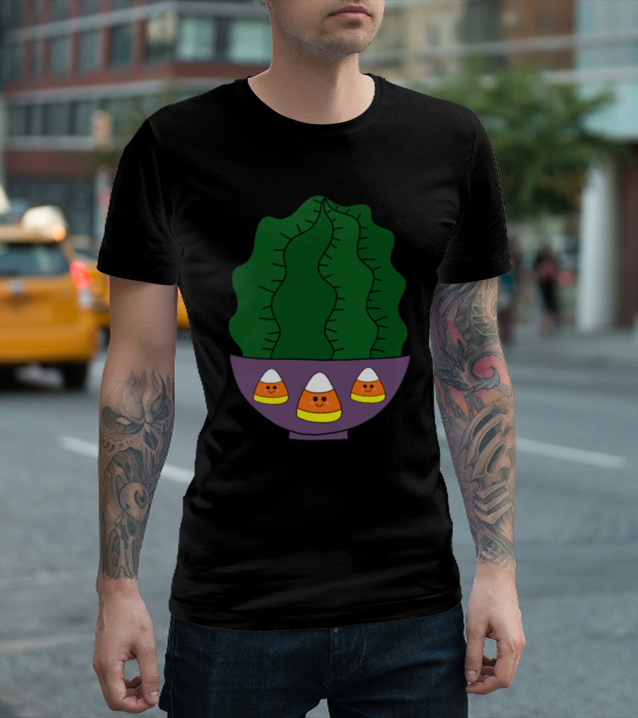 Barrel Cactus in Candy Corn Bowl Pot Halloween T-Shirt