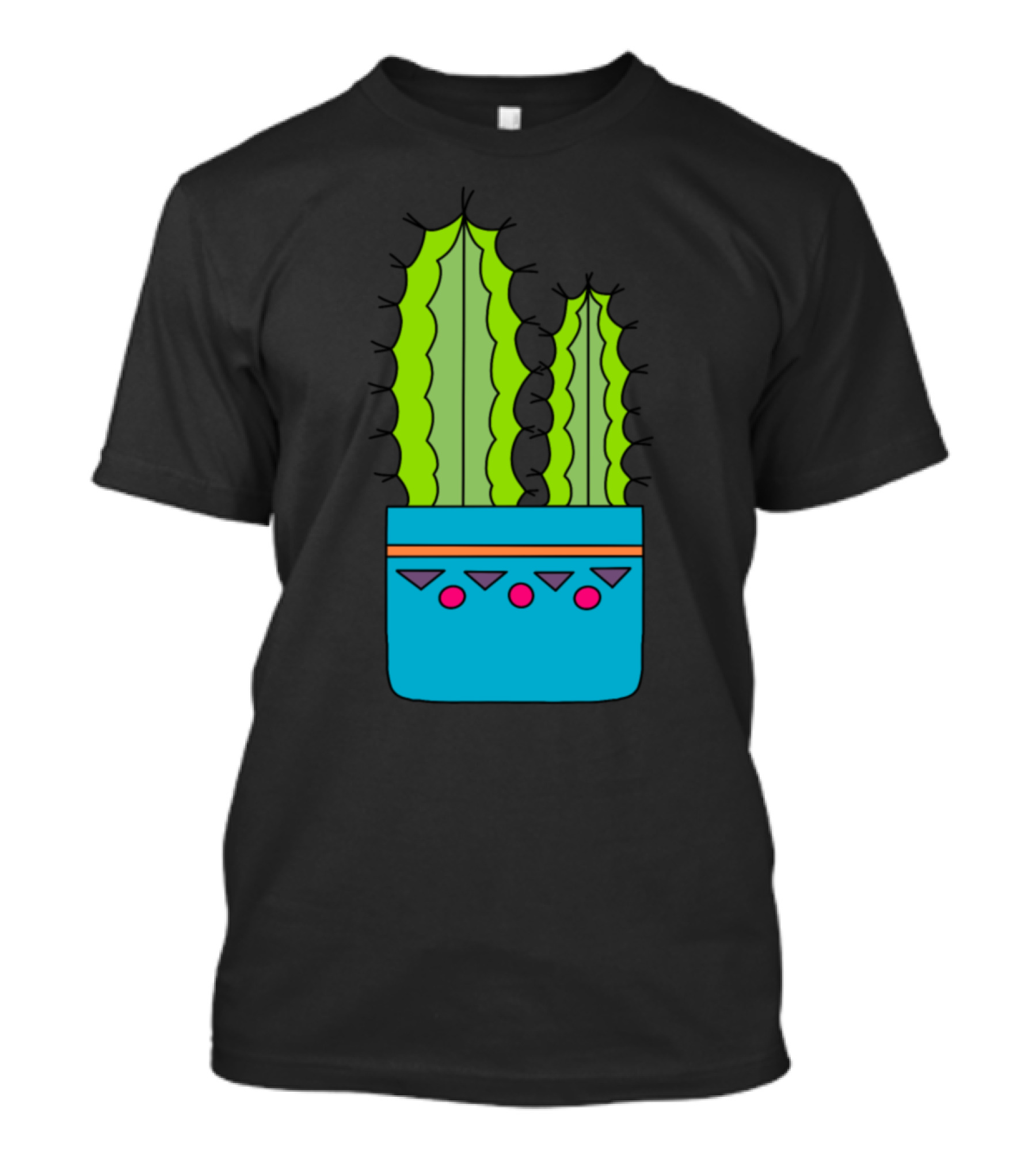 Big And Small Cacti In Blue Pot With Geometric T-Shirt