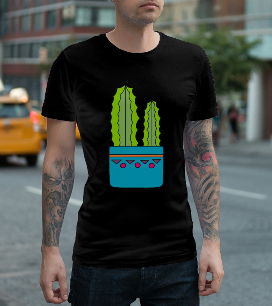 Big And Small Cacti In Blue Pot With Geometric T-Shirt