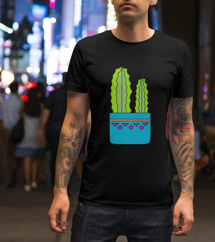 Big And Small Cacti In Blue Pot With Geometric T-Shirt