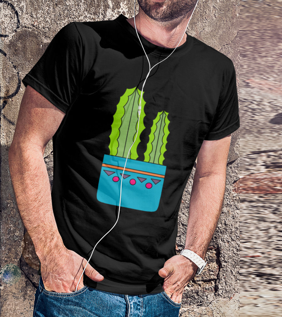 Big And Small Cacti In Blue Pot With Geometric T-Shirt