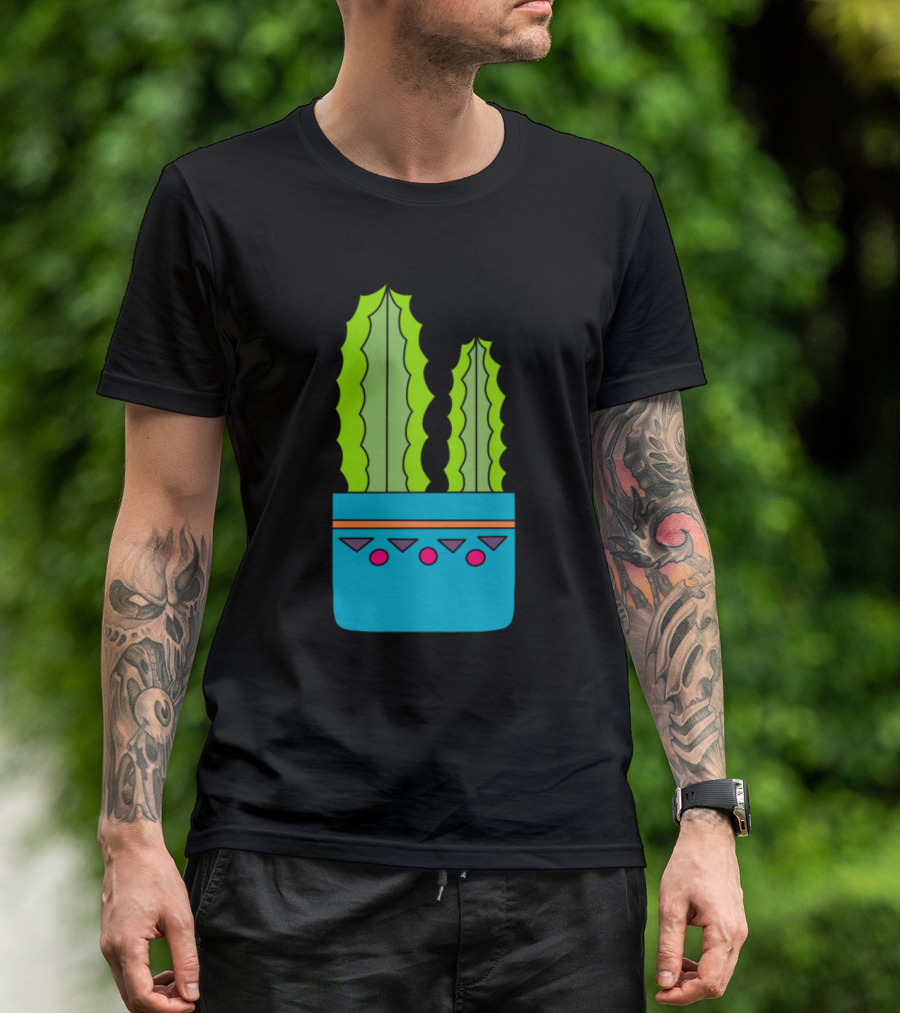 Big And Small Cacti In Blue Pot With Geometric T-Shirt