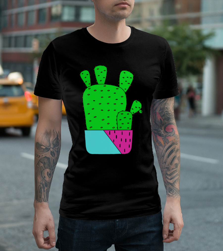 Big Cacti in Bright Green with Colorful Pink and Blue Planter T-Shirt
