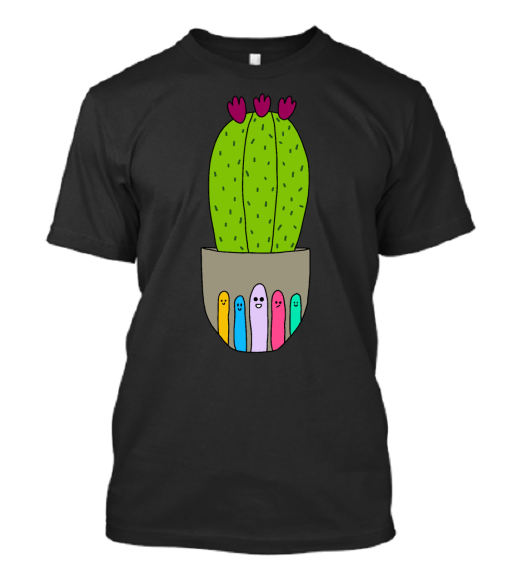 Big Cactus With Flowers In Cute Pot With Colorful Faces T-Shirt
