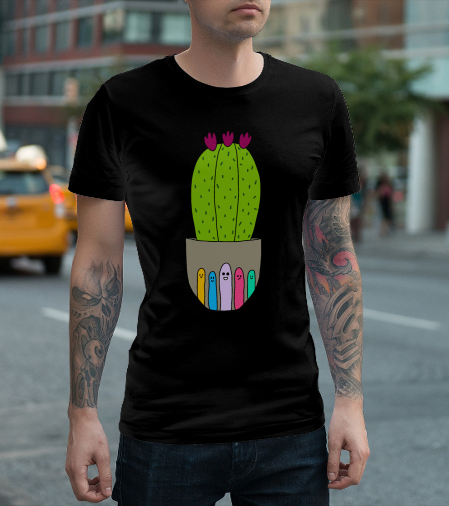 Big Cactus With Flowers In Cute Pot With Colorful Faces T-Shirt
