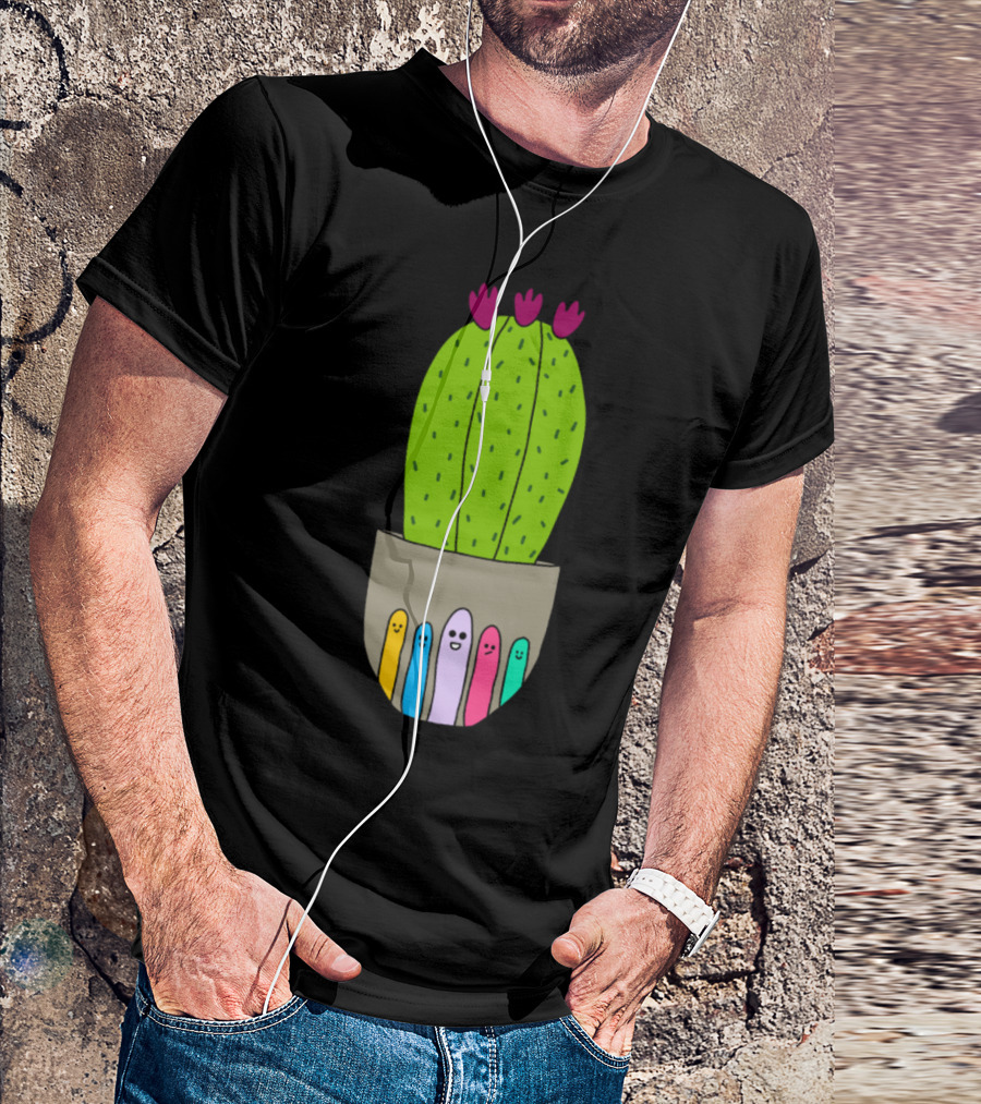 Big Cactus With Flowers In Cute Pot With Colorful Faces T-Shirt