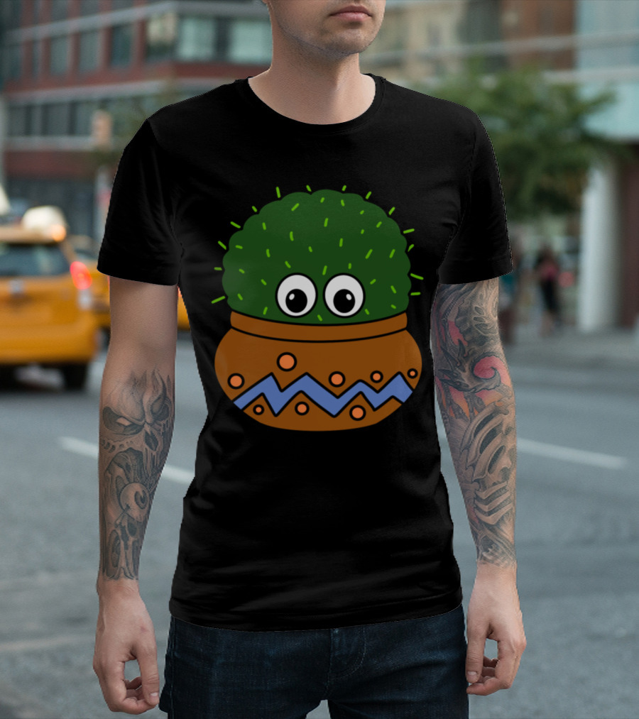 Big Eyed Round Cactus in Decorated Pot with Zigzag T-Shirt