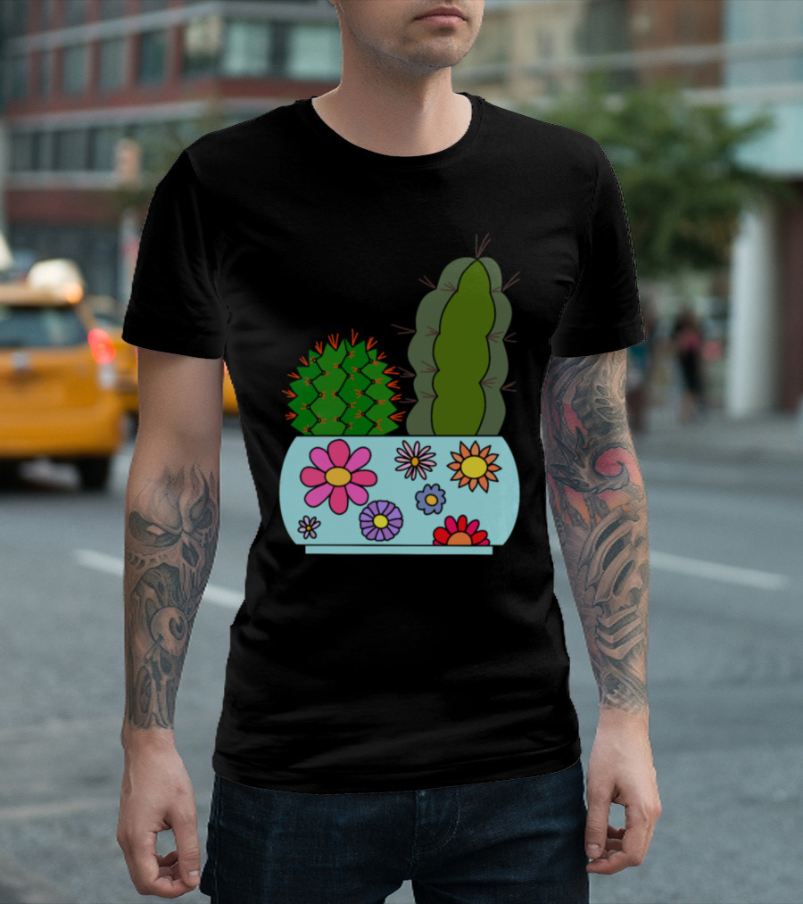 Cacti in Floral Patterned Pot with Colorful Flowers T-Shirt