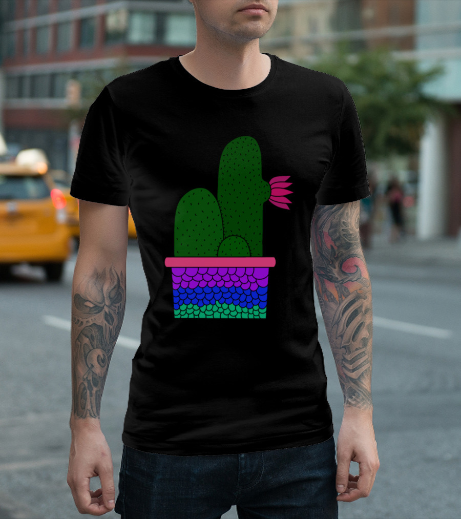 Cacti Cluster In Vibrant Mermaid Scale Planter With Pink Flower Bloom T-Shirt