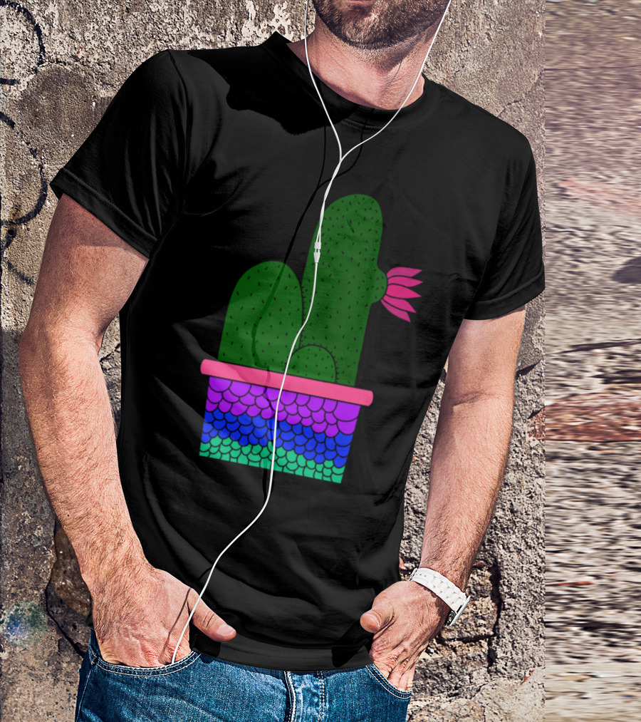 Cacti Cluster In Vibrant Mermaid Scale Planter With Pink Flower Bloom T-Shirt