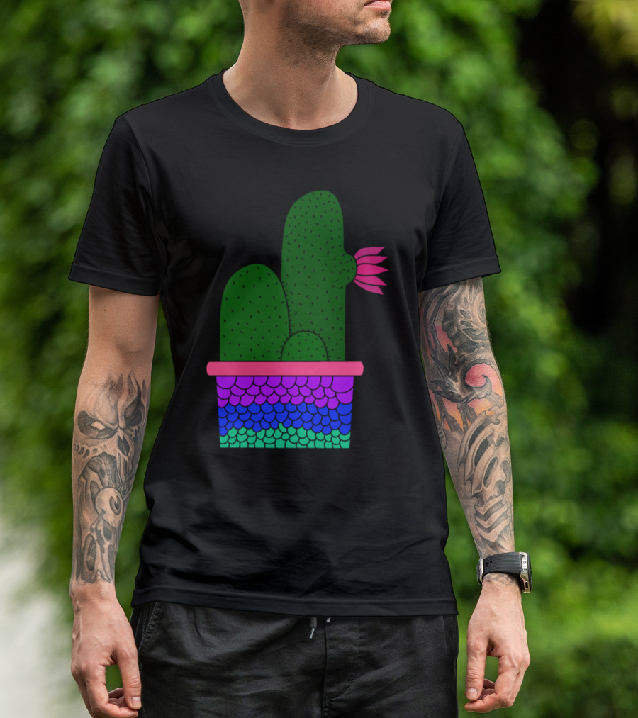 Cacti Cluster In Vibrant Mermaid Scale Planter With Pink Flower Bloom T-Shirt