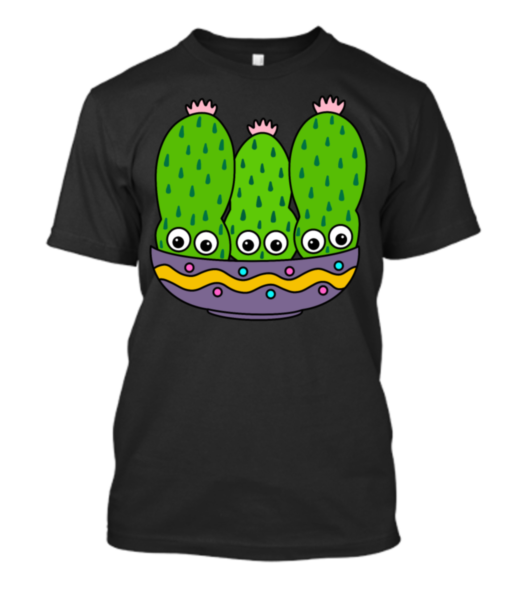 Cacti Bunch In Pretty Bowl With Eyes And Colorful T-Shirt