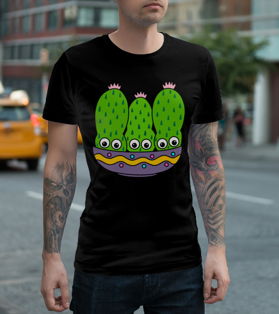 Cacti Bunch In Pretty Bowl With Eyes And Colorful T-Shirt