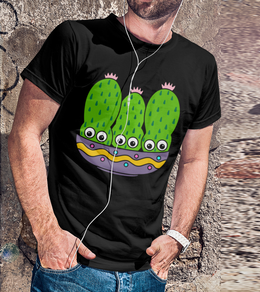 Cacti Bunch In Pretty Bowl With Eyes And Colorful T-Shirt