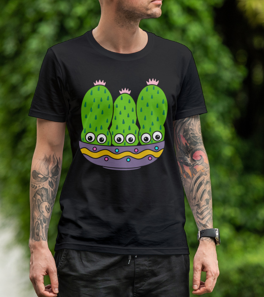 Cacti Bunch In Pretty Bowl With Eyes And Colorful T-Shirt