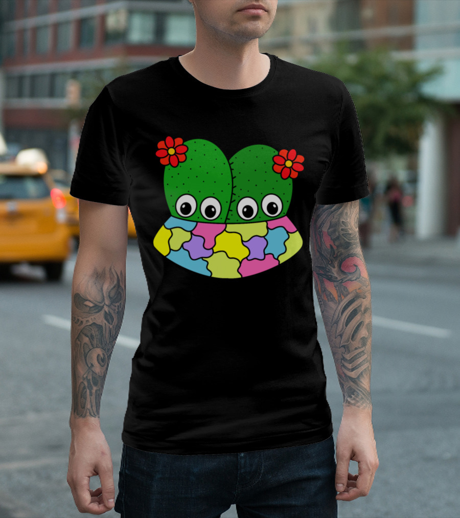 Cacti Couple with Flowers in Vibrant Patchwork Pot T-Shirt