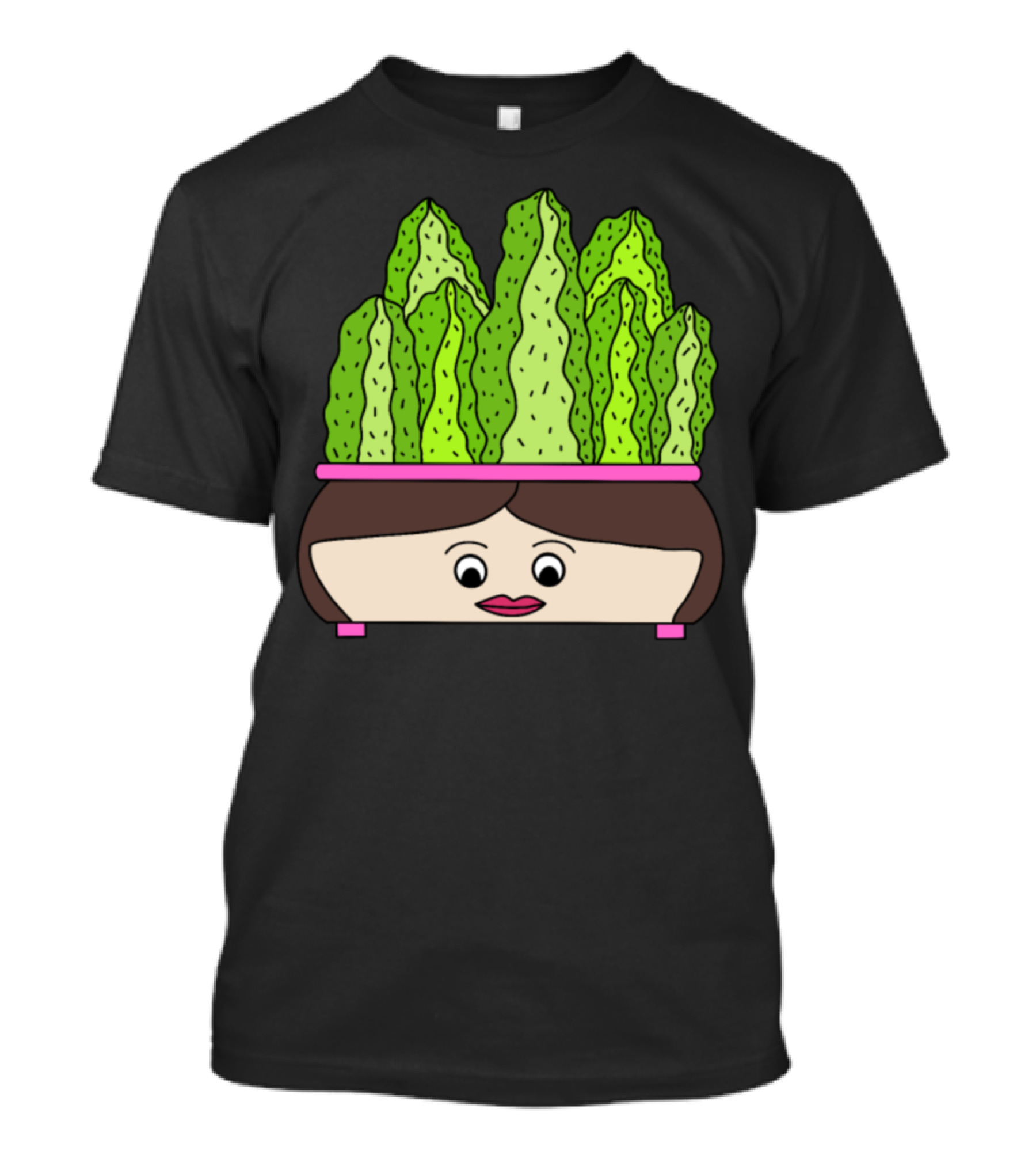Cacti Growing Out Of A Cute Face Pot With Green Leaves In Cartoon T-Shirt