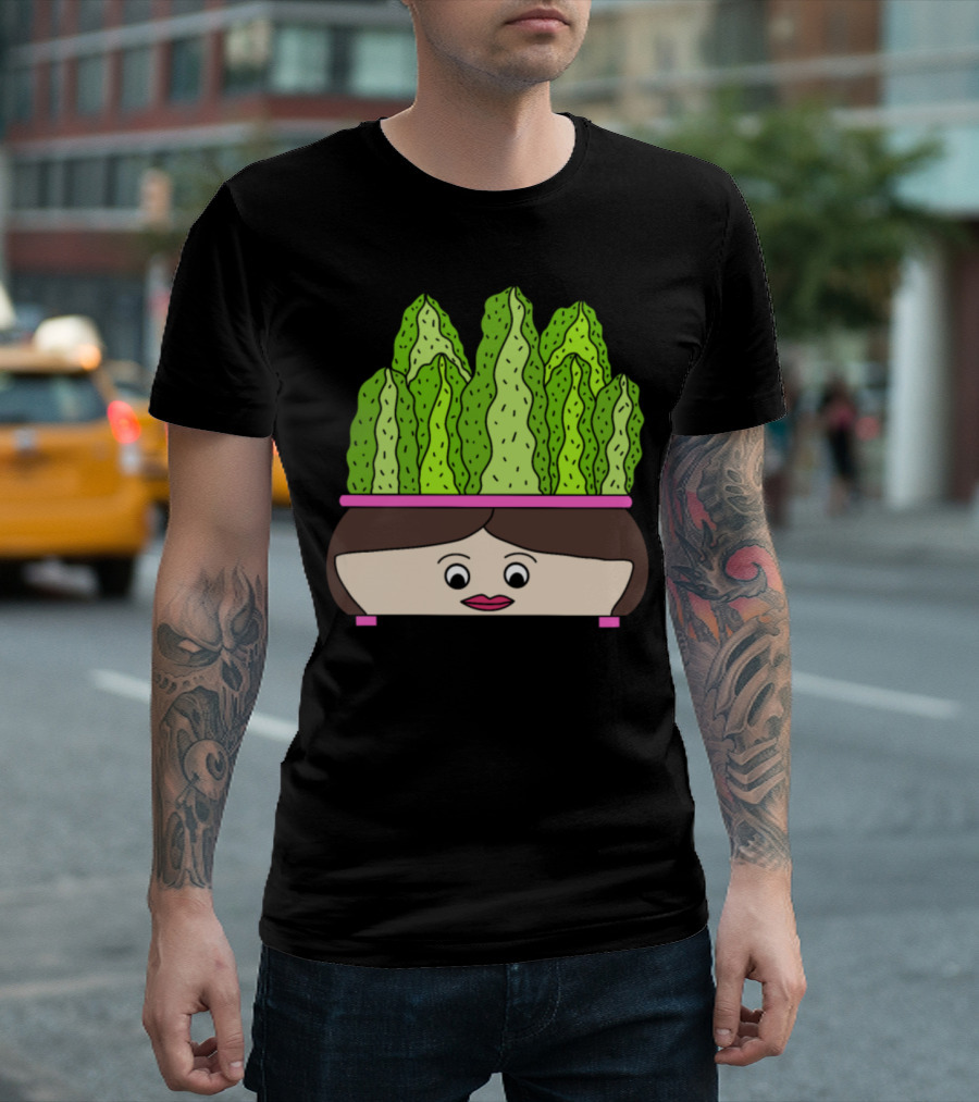 Cacti Growing Out Of A Cute Face Pot With Green Leaves In Cartoon T-Shirt