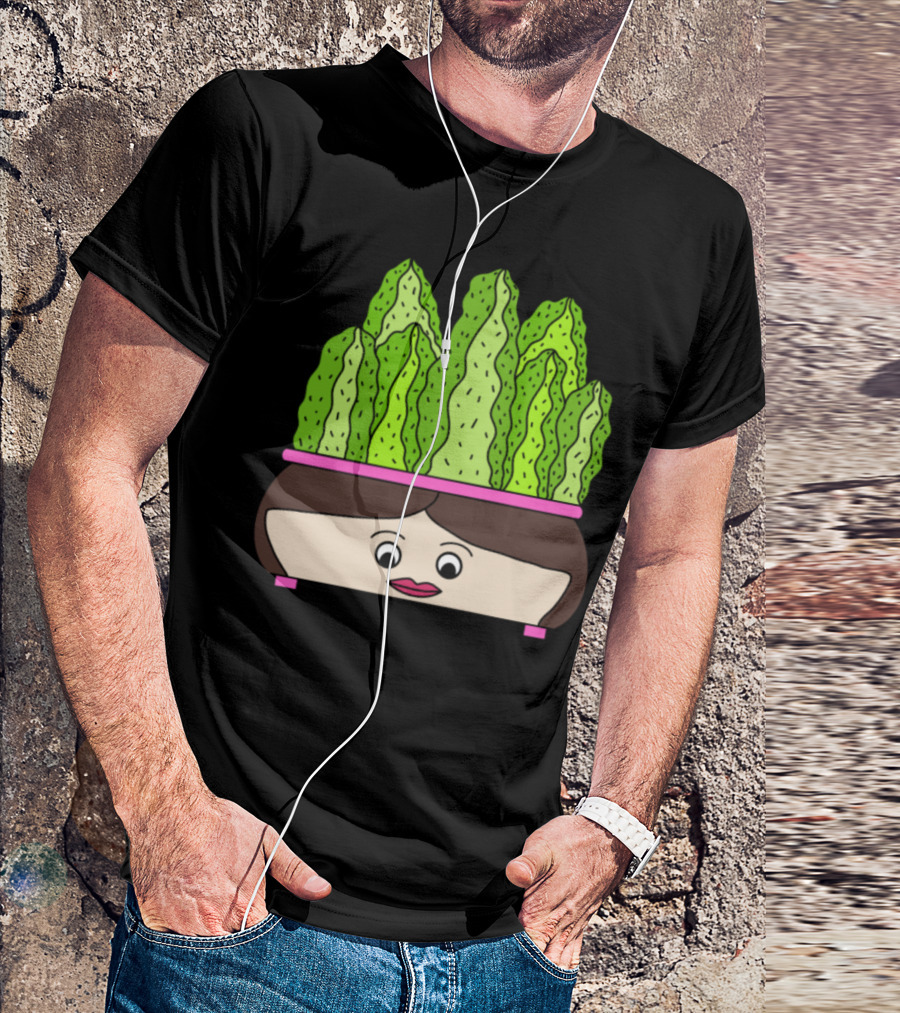 Cacti Growing Out Of A Cute Face Pot With Green Leaves In Cartoon T-Shirt
