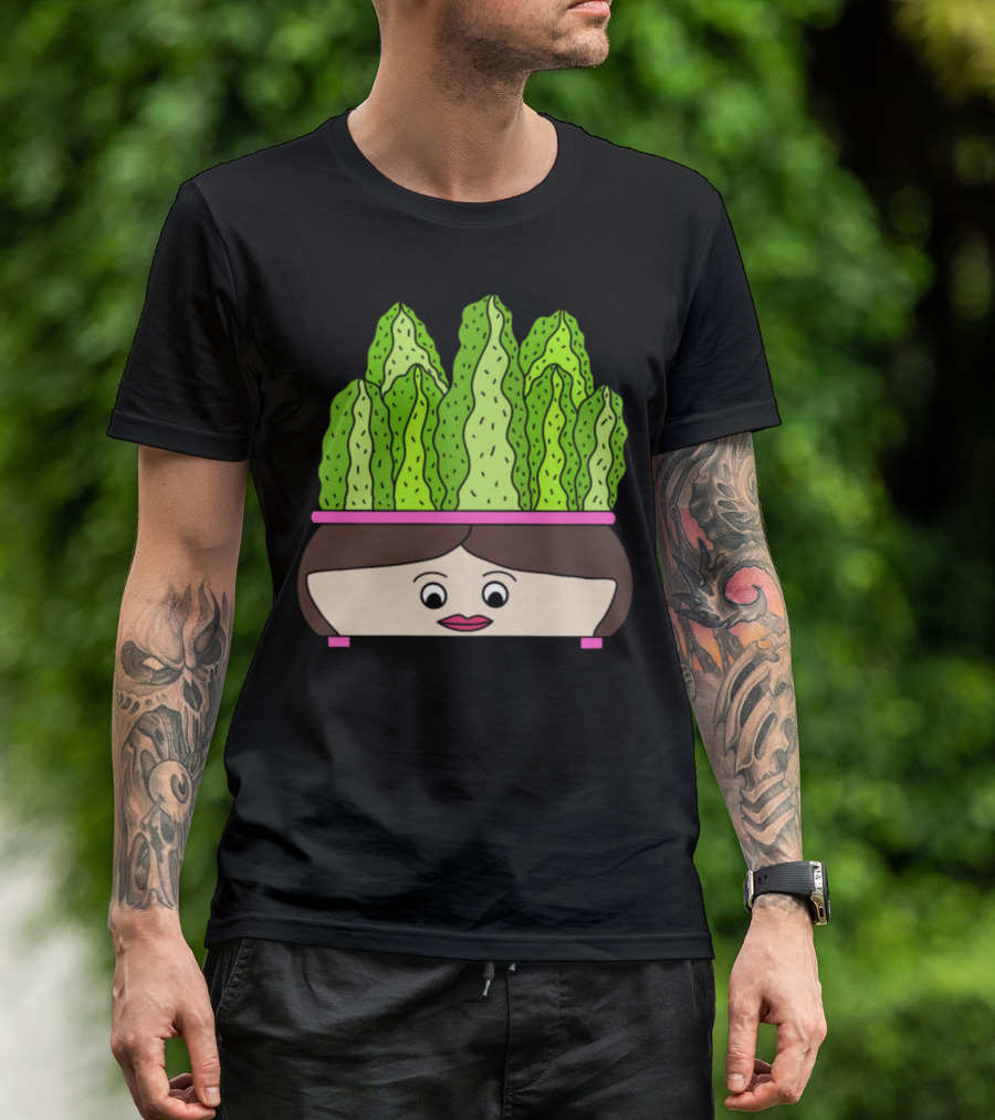 Cacti Growing Out Of A Cute Face Pot With Green Leaves In Cartoon T-Shirt