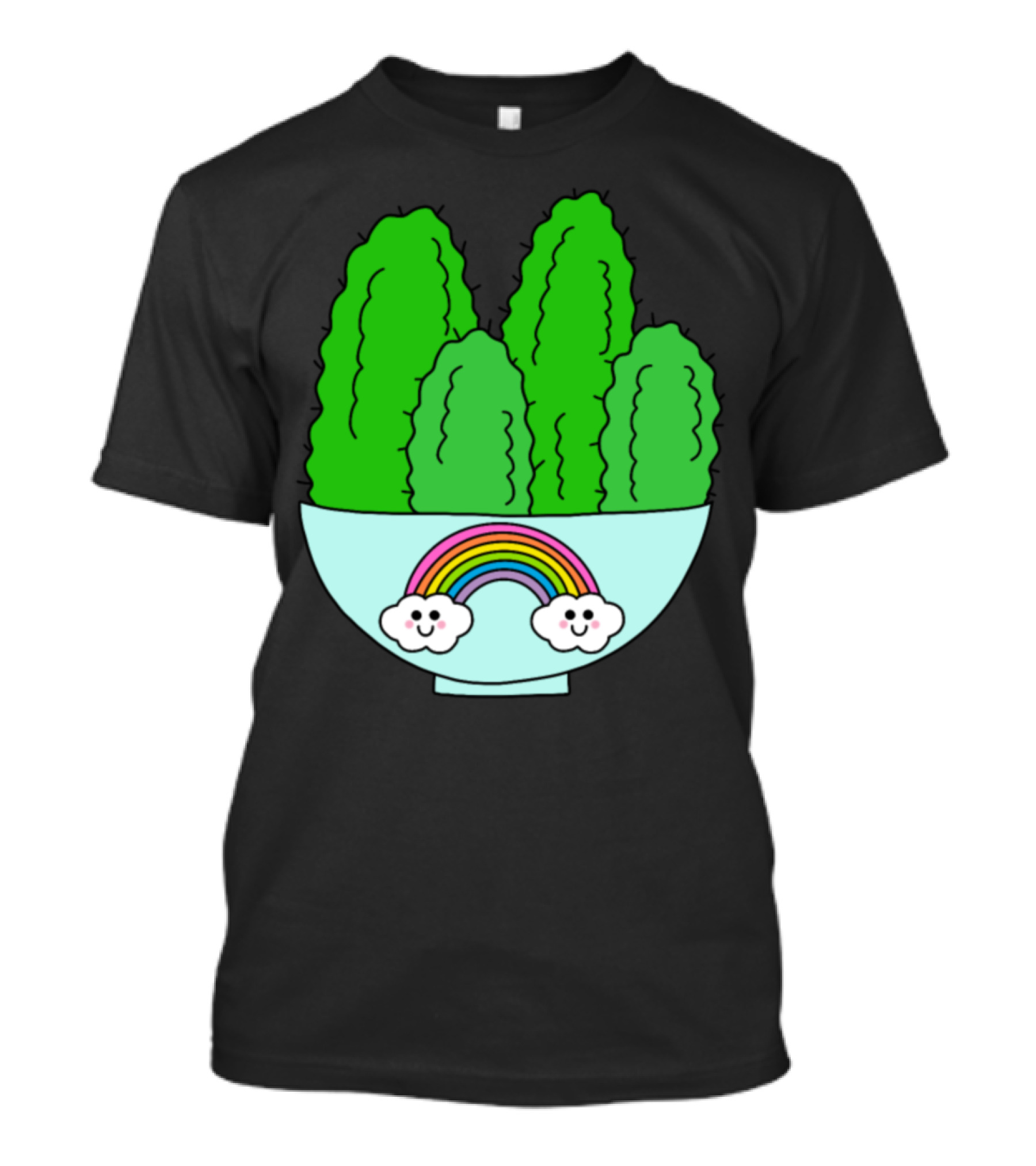Cacti With Smiling Clouds And Rainbow In Cute Bowl T-Shirt