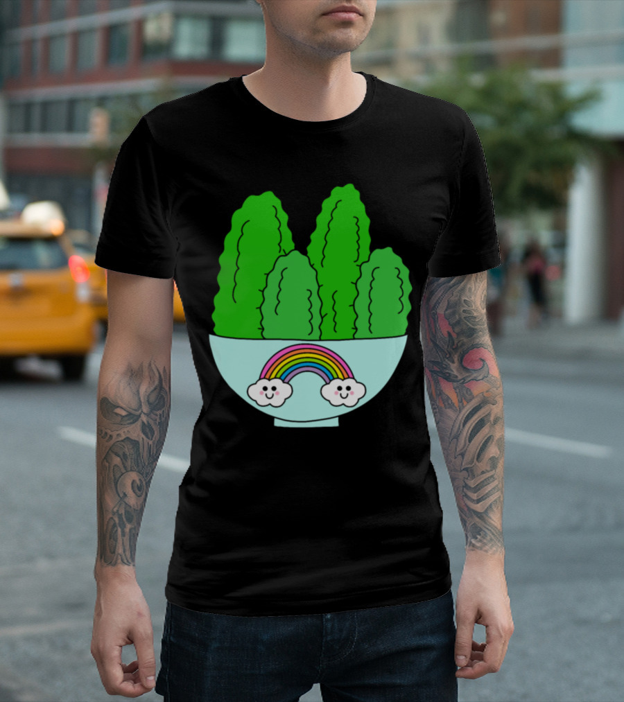 Cacti With Smiling Clouds And Rainbow In Cute Bowl T-Shirt