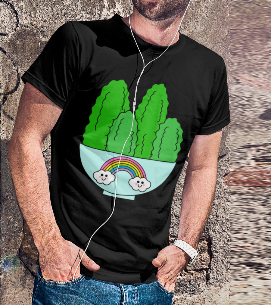 Cacti With Smiling Clouds And Rainbow In Cute Bowl T-Shirt