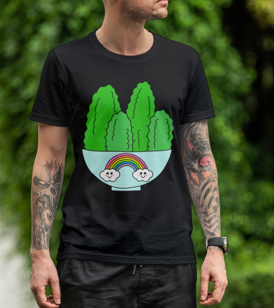 Cacti With Smiling Clouds And Rainbow In Cute Bowl T-Shirt