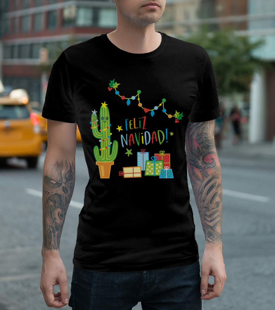 Feliz Navidad Cactus with Christmas Lights and Gifts T-Shirt