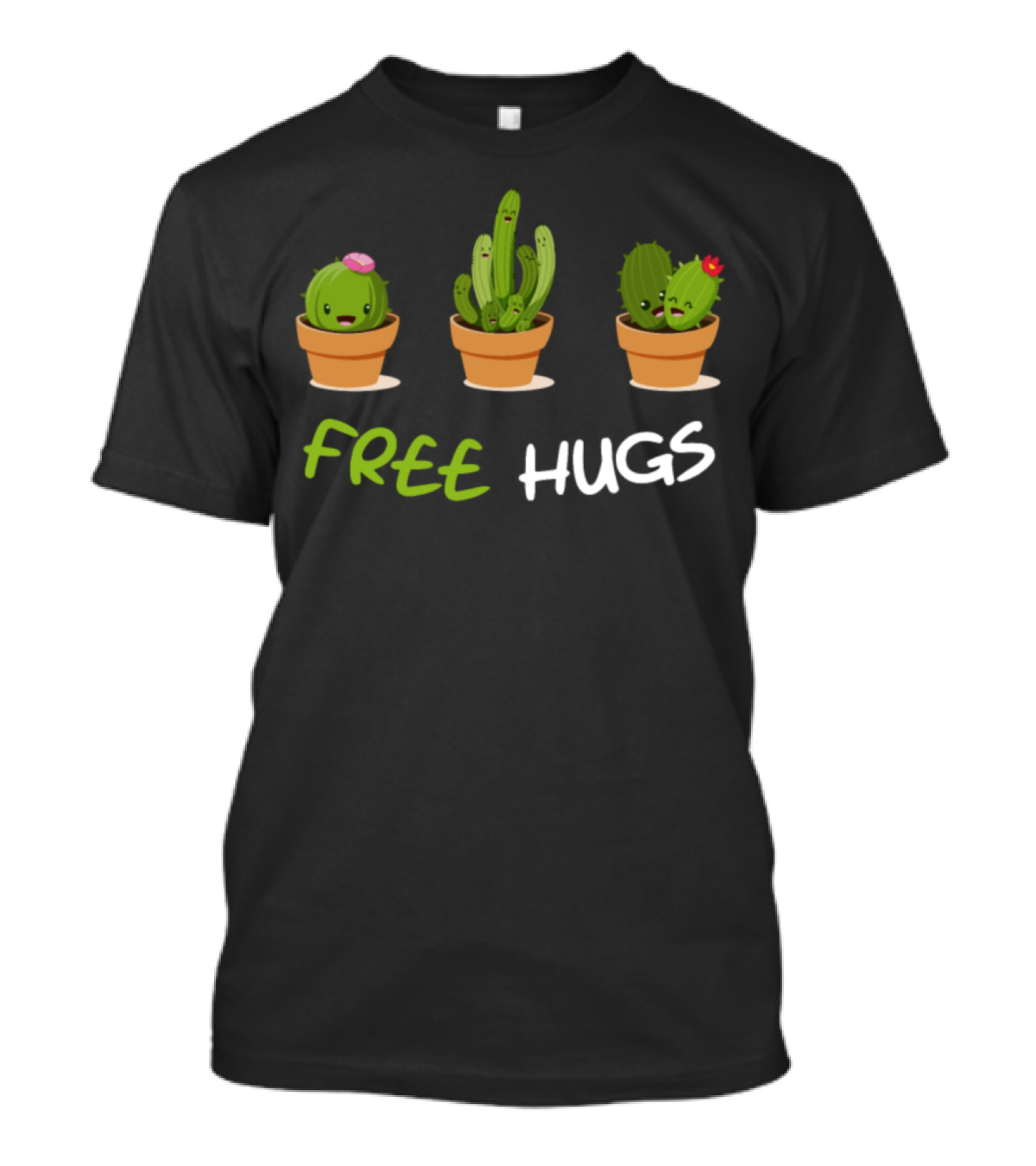 Free Hugs Cute Spiky Cactus Trio Playful Potted Plants T-Shirt