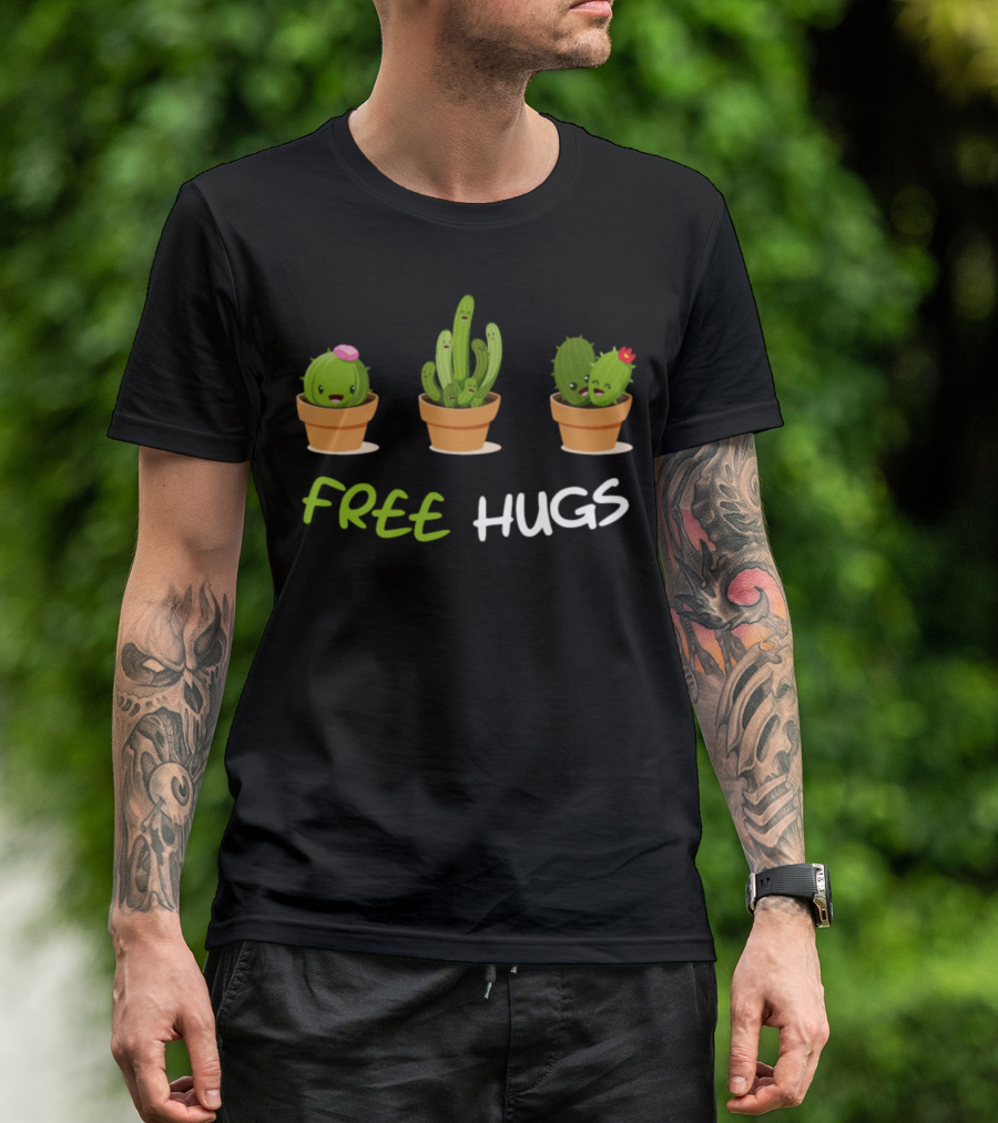 Free Hugs Cute Spiky Cactus Trio Playful Potted Plants T-Shirt