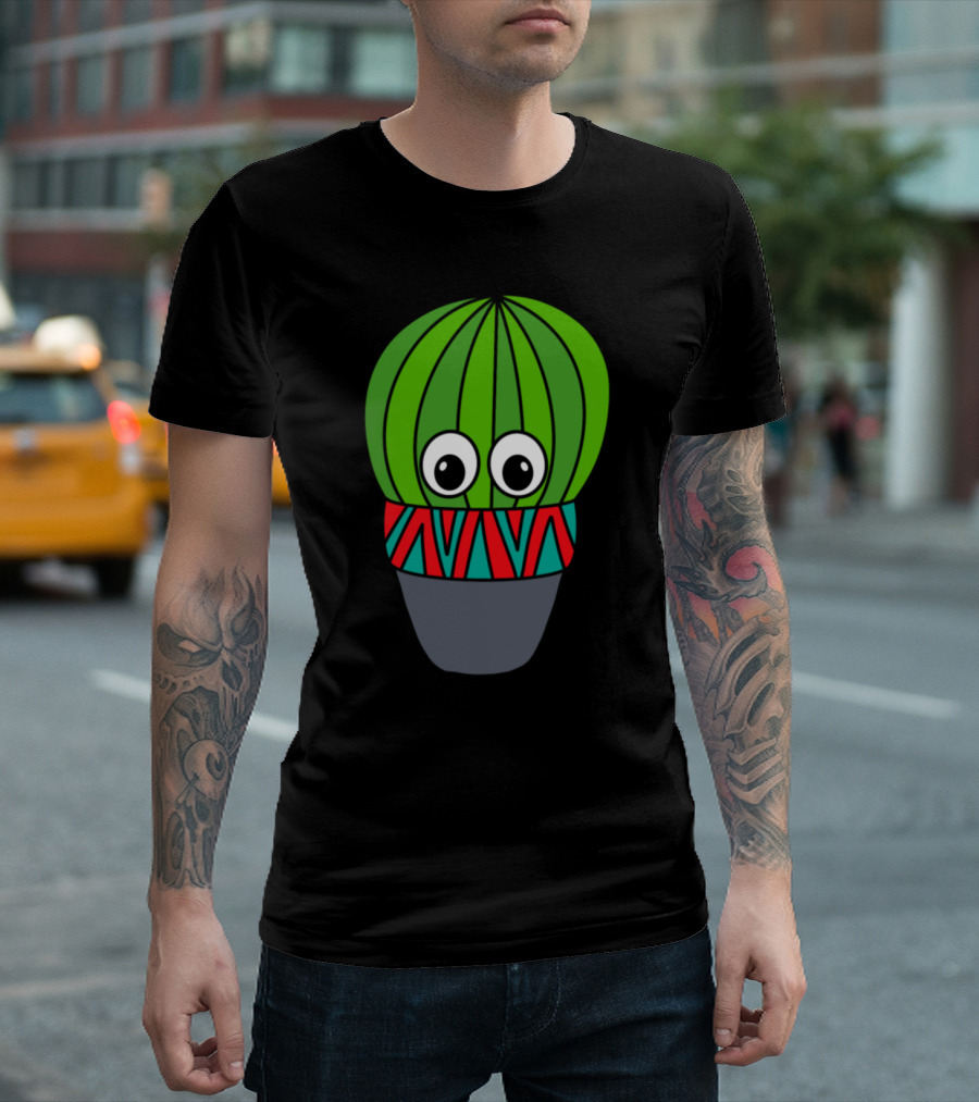 Cactus With Eyes In Colorful Patterned Pot T-Shirt
