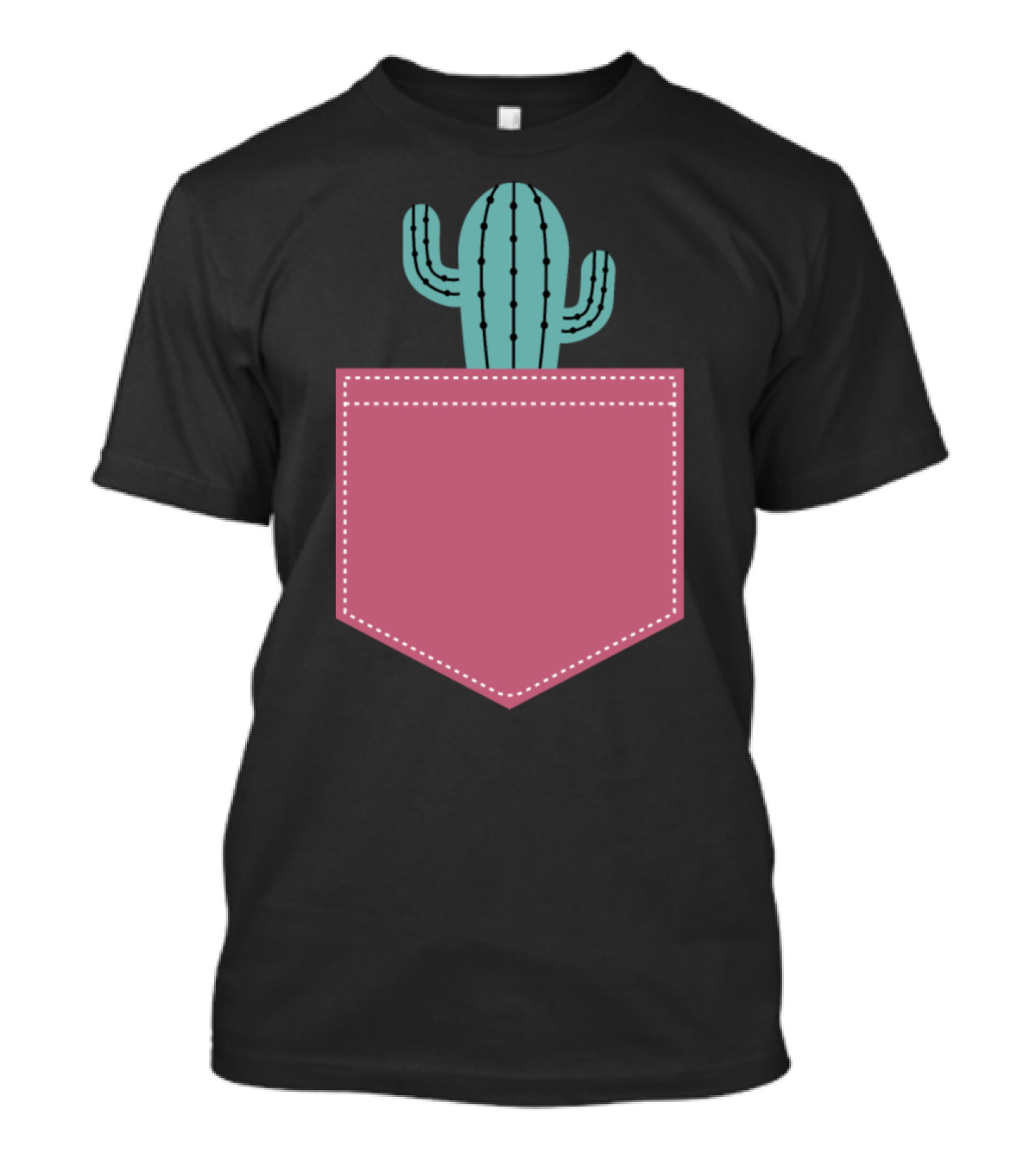 Cactus In The Pocket Cute Pastel Green Desert Plant Peeking Out Of Pink Pocket T-Shirt