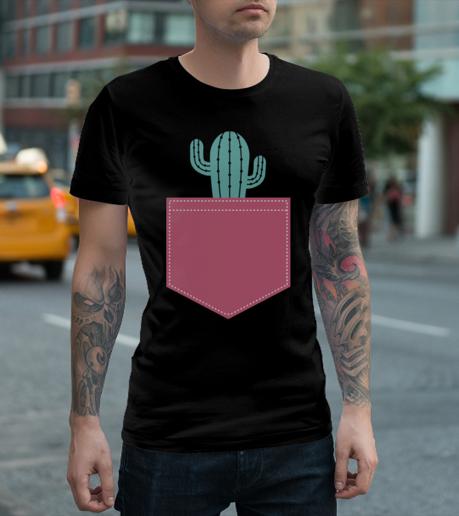 Cactus In The Pocket Cute Pastel Green Desert Plant Peeking Out Of Pink Pocket T-Shirt