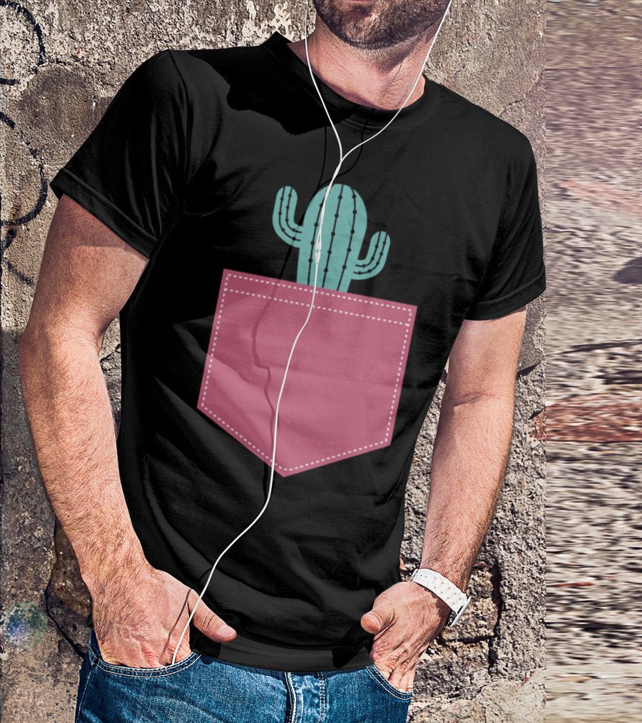 Cactus In The Pocket Cute Pastel Green Desert Plant Peeking Out Of Pink Pocket T-Shirt