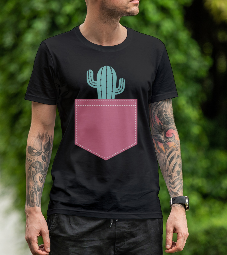 Cactus In The Pocket Cute Pastel Green Desert Plant Peeking Out Of Pink Pocket T-Shirt