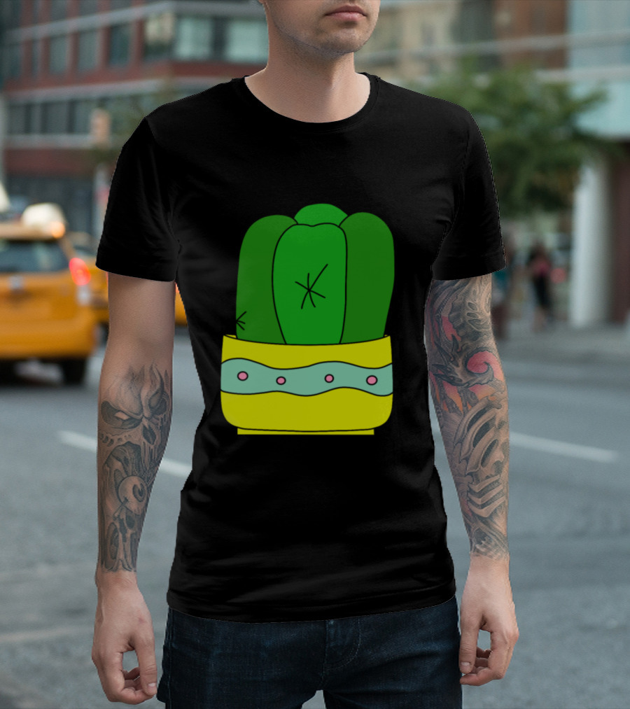 Cactus In Yellow Pot With Pink Dots and Wavy Green Stripe T-Shirt