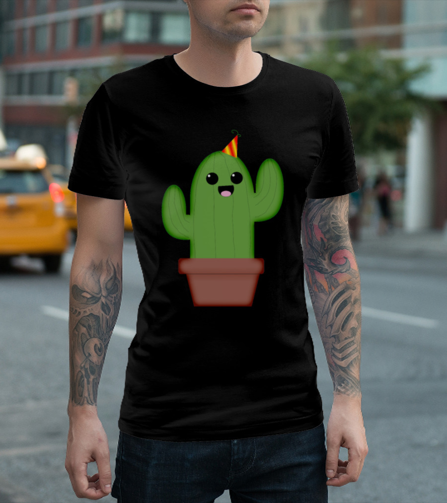 Cactus Party Kawaii Flower Hat Editions Happy Potted Cactus With Party Hat T-Shirt
