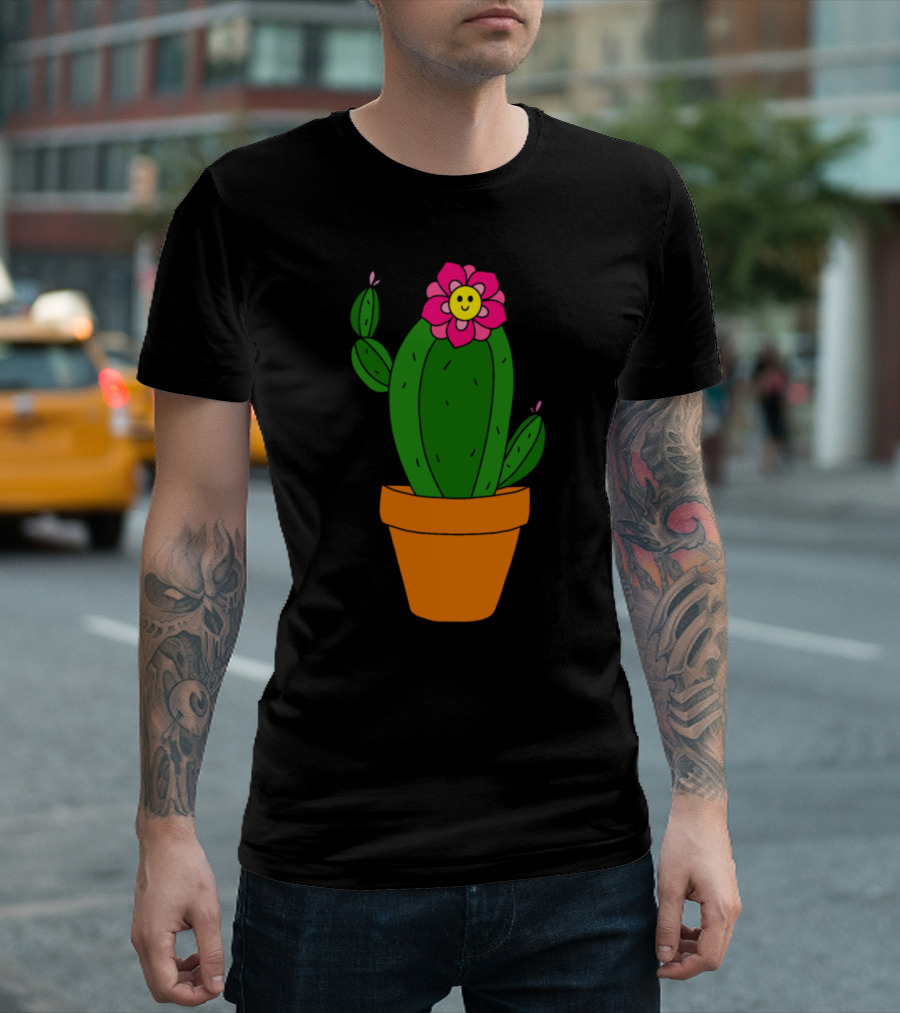 Cactus With Adorable Smiling Pink Flower in Terracotta Planter T-Shirt