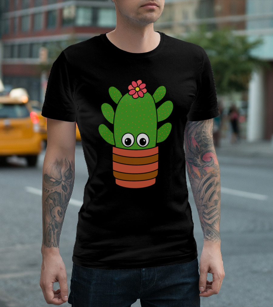 Cactus With Big Eyes And Pink Flower In Striped Pot T-Shirt