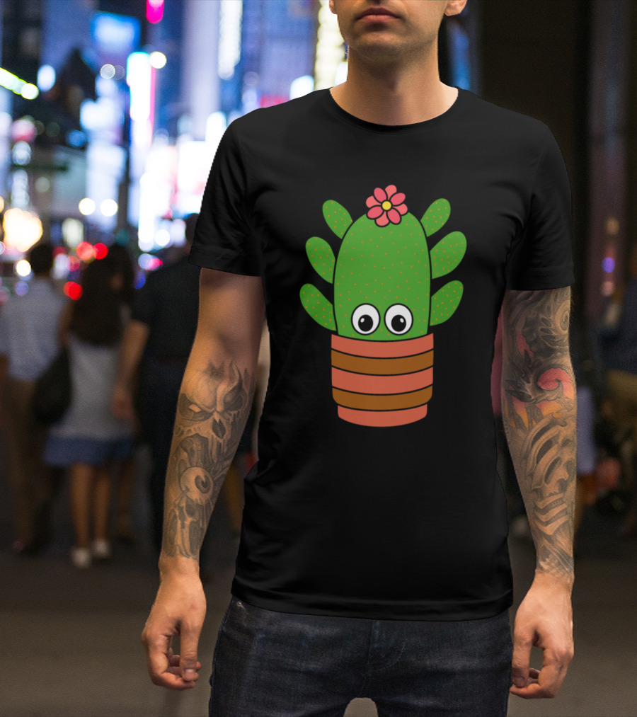 Cactus With Big Eyes And Pink Flower In Striped Pot T-Shirt