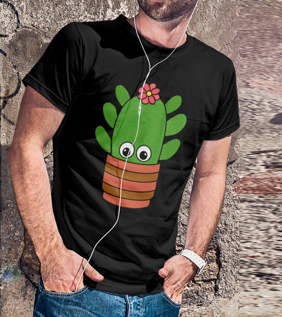 Cactus With Big Eyes And Pink Flower In Striped Pot T-Shirt