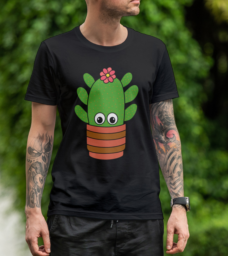 Cactus With Big Eyes And Pink Flower In Striped Pot T-Shirt