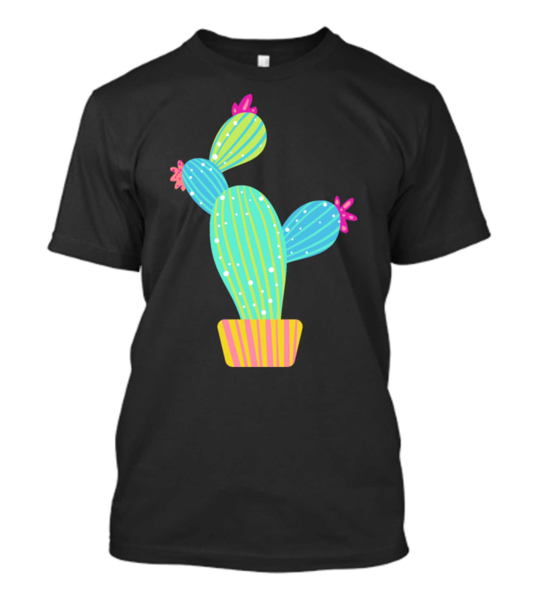 Colorful Striped Cactus In Pot With Pink Flowers T-Shirt