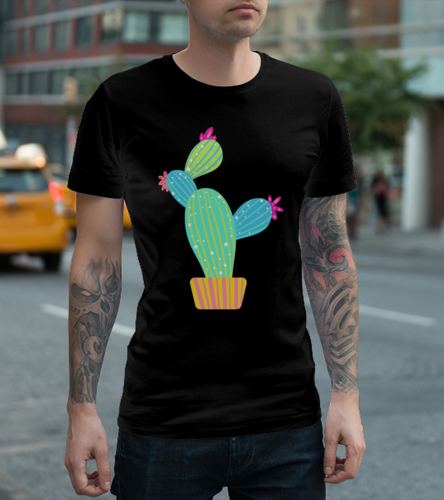 Colorful Striped Cactus In Pot With Pink Flowers T-Shirt